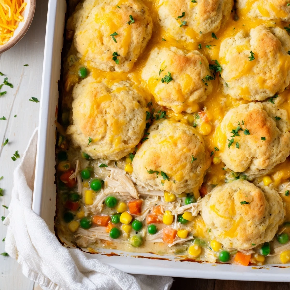 Homemade Cheddar Bay Chicken Cobbler featuring golden cheesy crust over creamy chicken filling in casserole dish