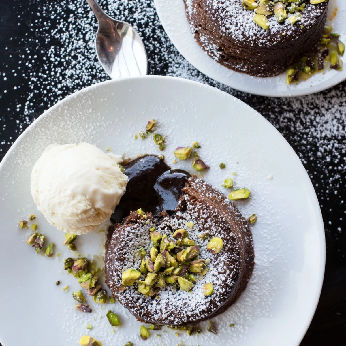Golden pistachio chocolate lava cakes with molten centers flowing onto a white plate