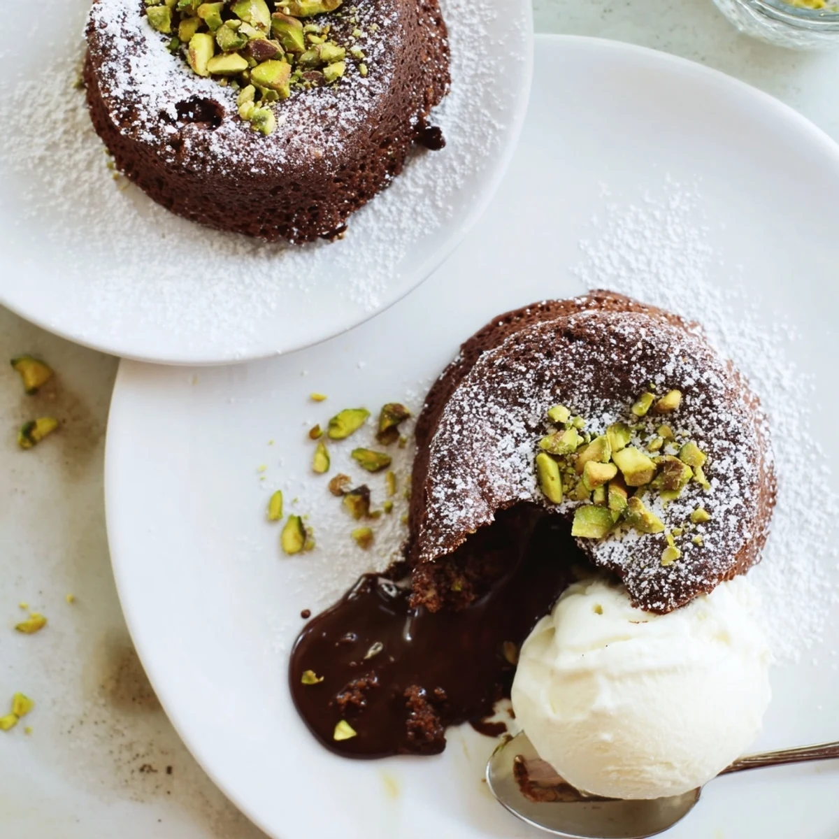 Rich pistachio chocolate lava cakes dusted with powdered sugar and chopped nuts