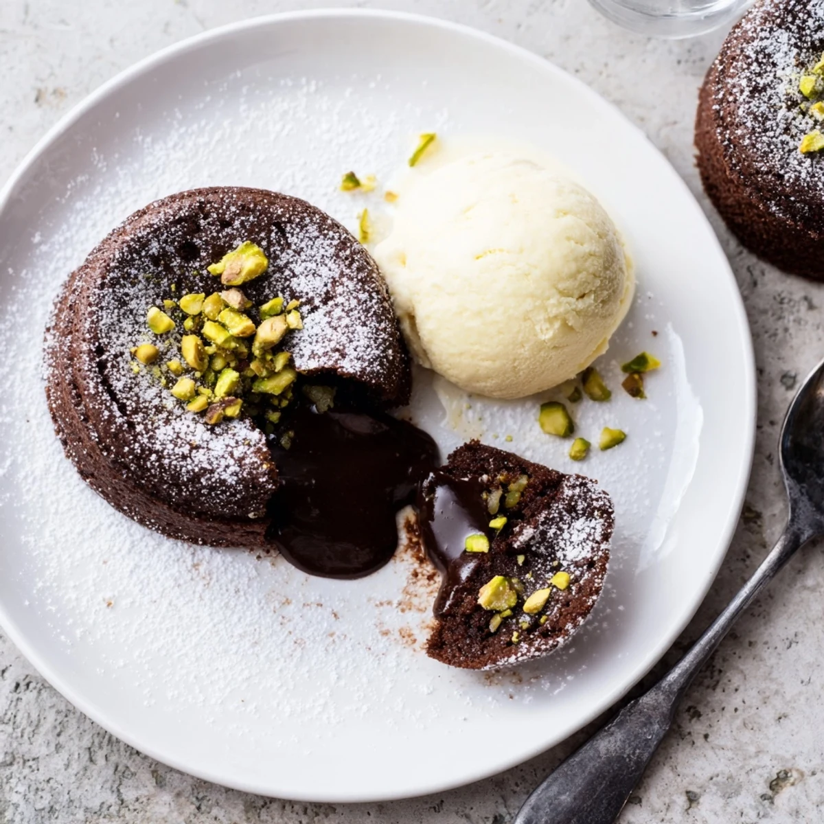 Individual pistachio chocolate lava cakes oozing warm chocolate gooey center onto plate