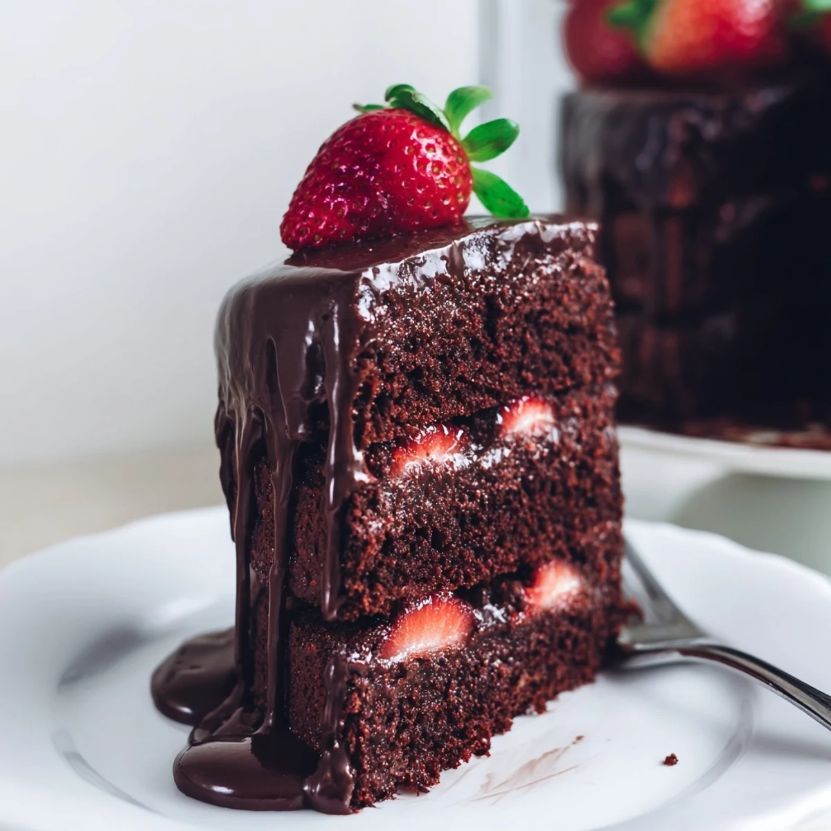 Decadent strawberry chocolate cake featuring rich ganache dripping down the sides with fresh berry garnish