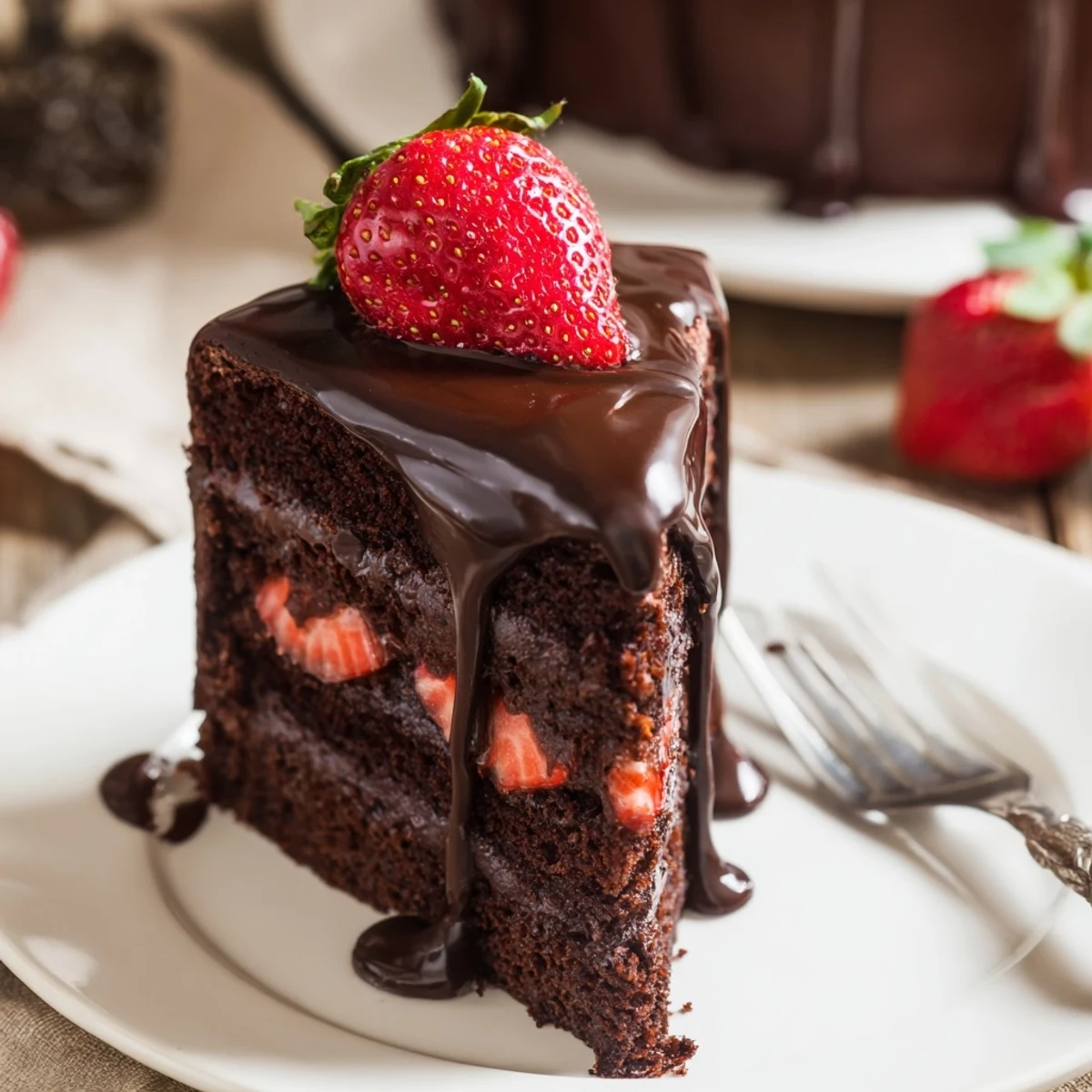 Moist chocolate layer cake stacked with juicy macerated strawberries and glossy chocolate ganache topping