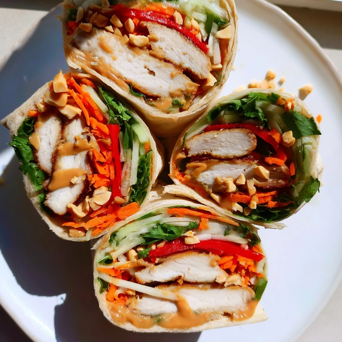 Sliced grilled chicken wrapped in tortillas with crisp veggies and rich Thai peanut dressing