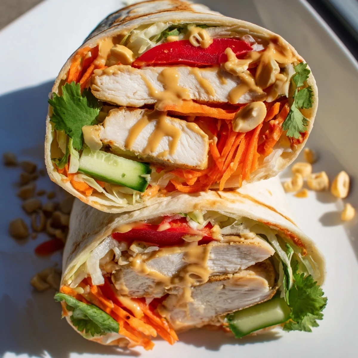 Fresh Thai peanut chicken wraps filled with colorful vegetables and creamy peanut sauce