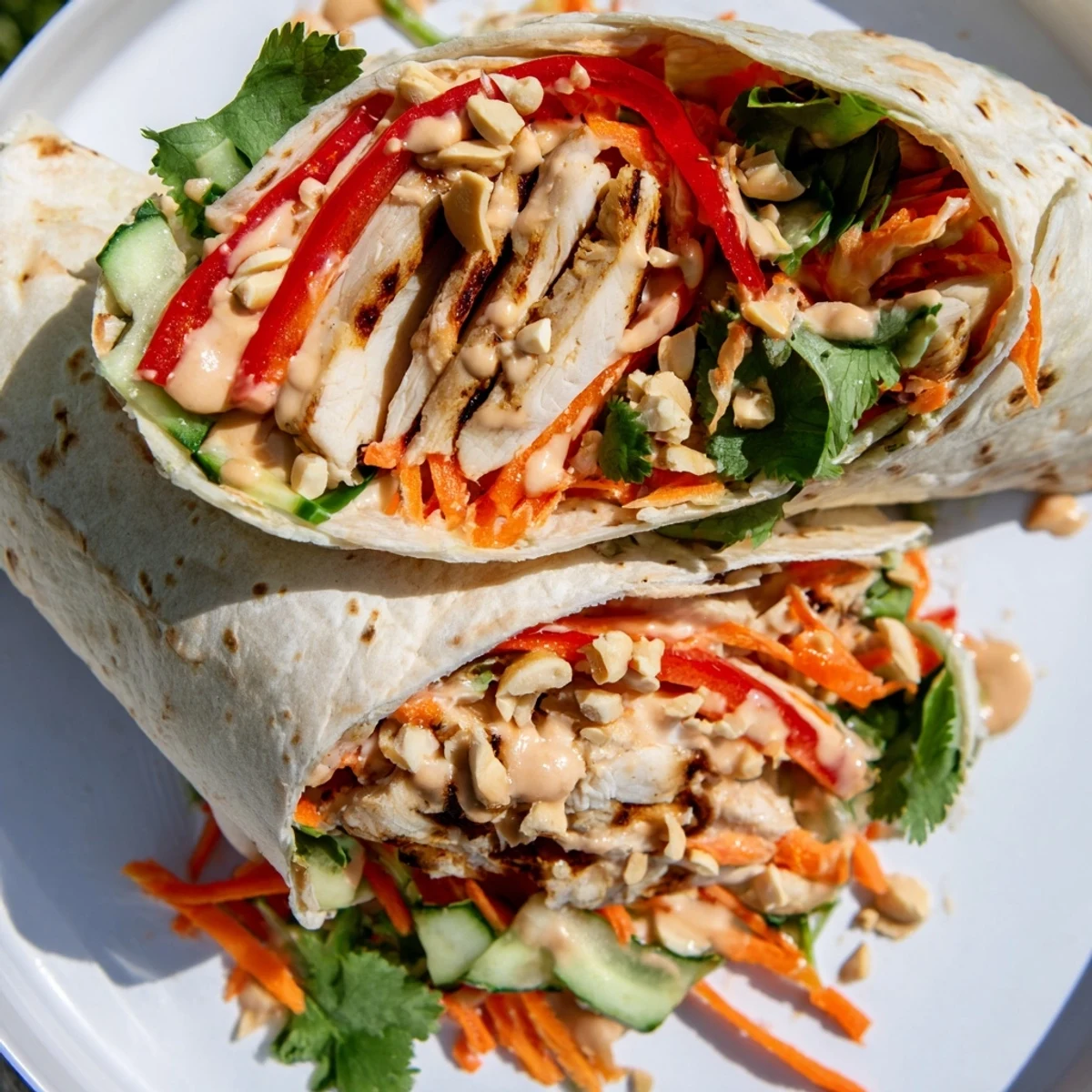 Flour tortillas rolled with marinated chicken, crunchy peppers, and savory peanut butter sauce