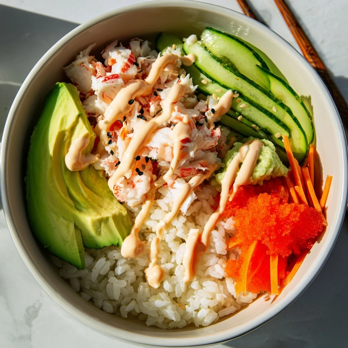California Roll Sushi Bowls with creamy avocado, shredded crab, sesame crunch