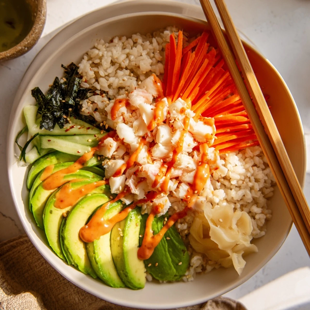 Bright California Roll Sushi Bowls served with spicy mayo drizzle and pickled ginger
