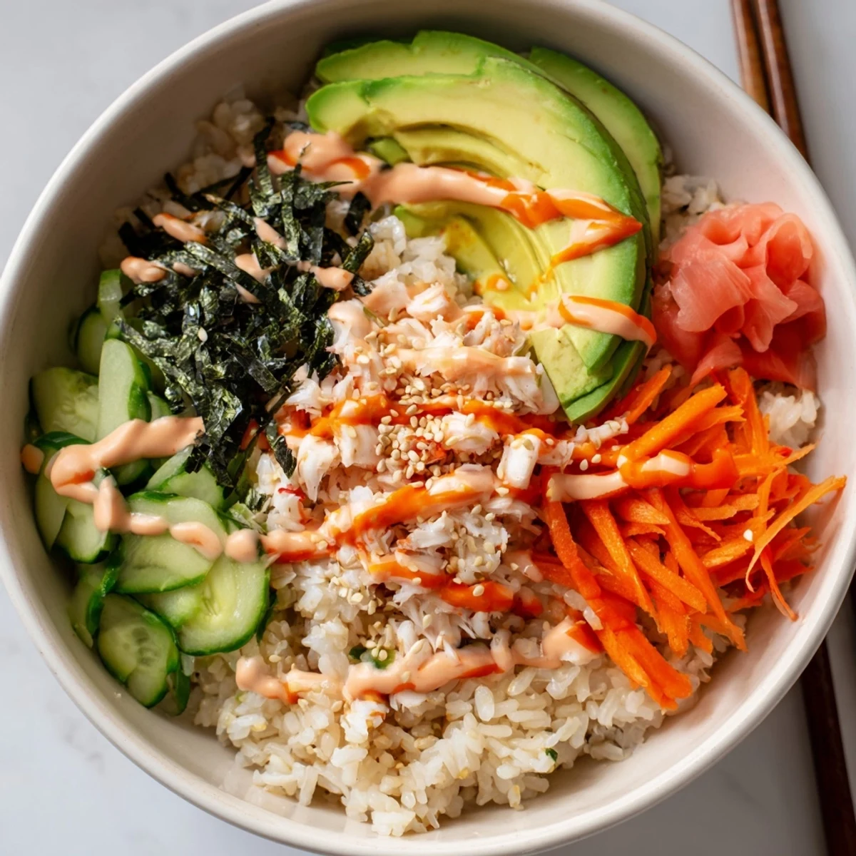 Weeknight California Roll Sushi Bowls layered over warm seasoned rice, crisp cucumber