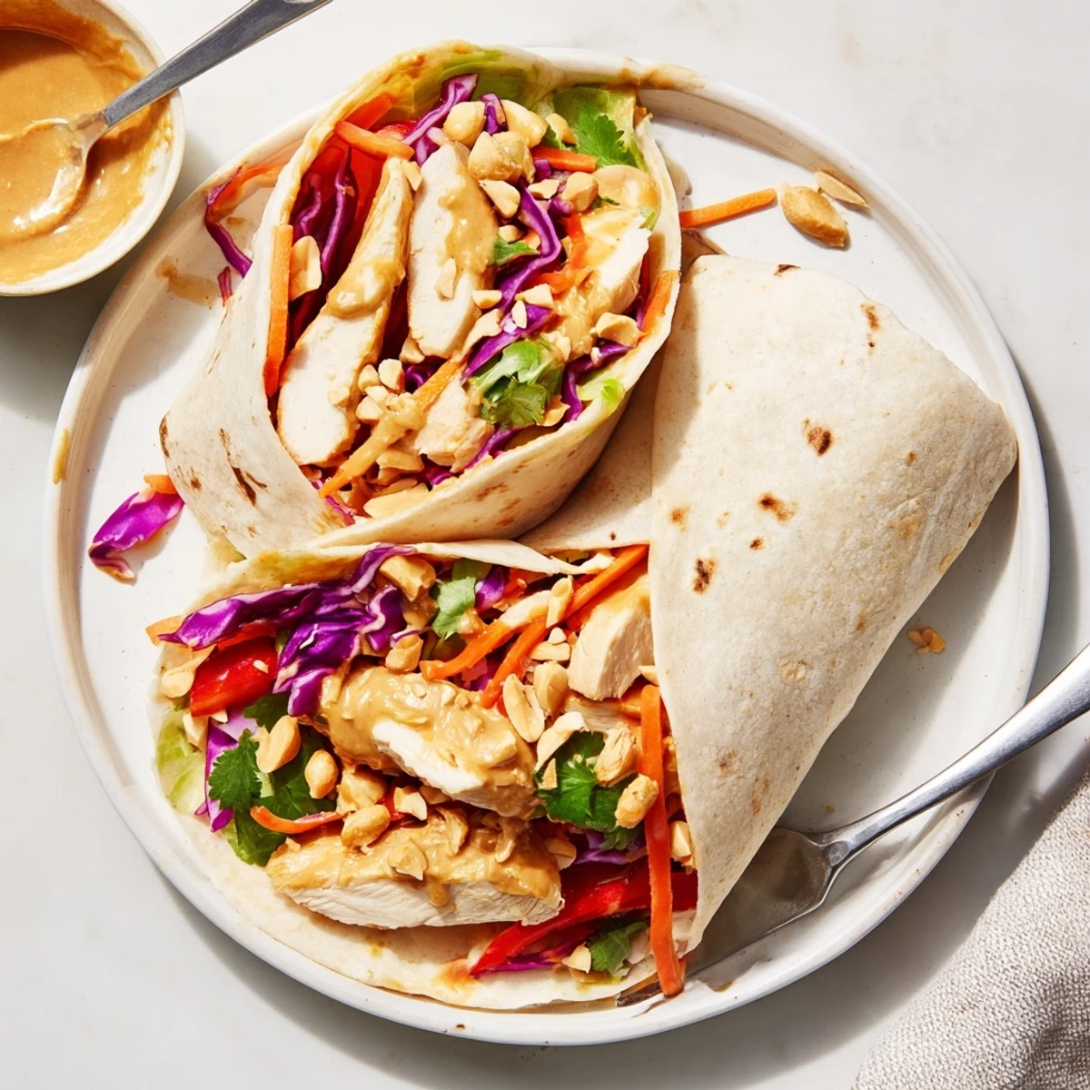 Warm Thai Peanut Chicken Wraps sliced in half, revealing colorful crunchy filling.