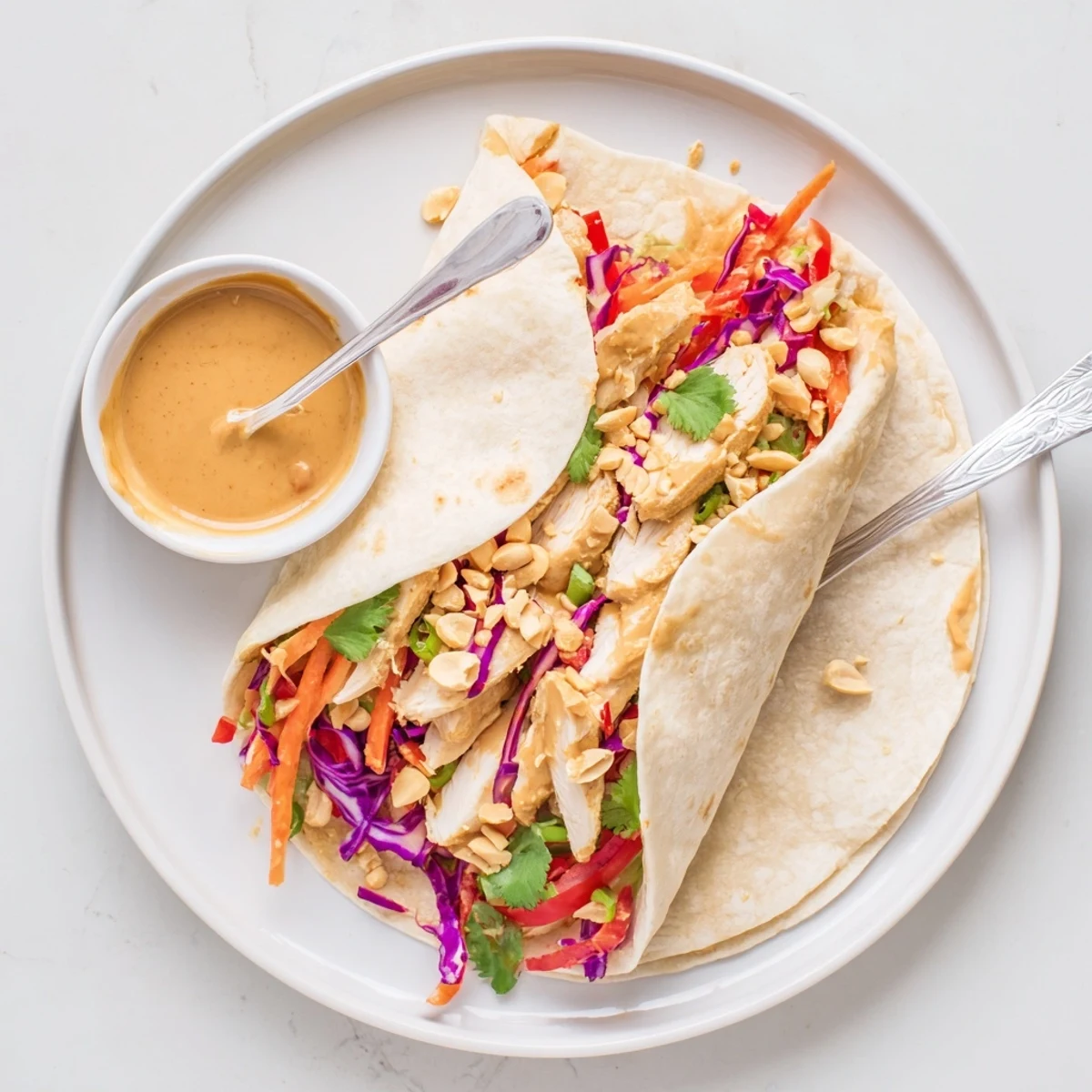 Thai Peanut Chicken Wraps with creamy sauce, crisp cabbage and bright lime.