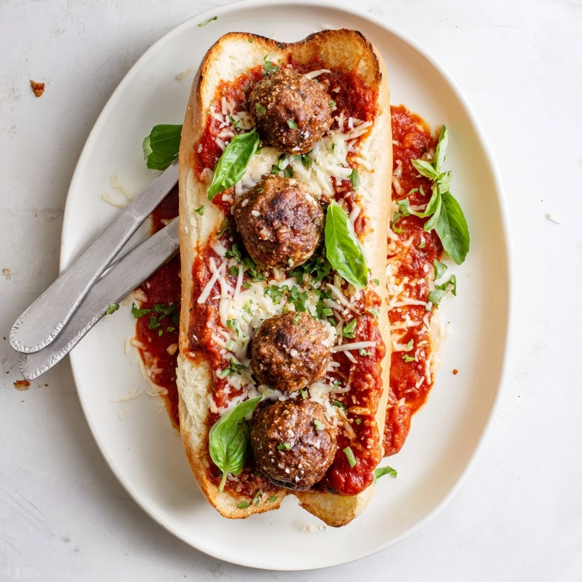 Cheesy Meatball Subs steaming with melted mozzarella and bright basil garnish