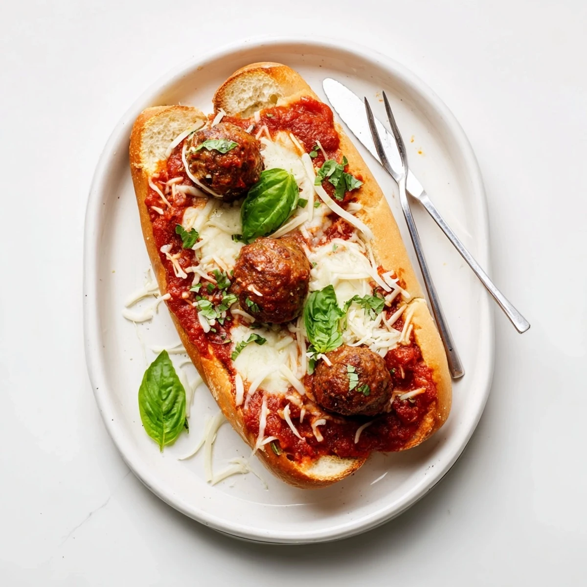A tray of Cheesy Meatball Subs under the broiler, cheese glossy and golden