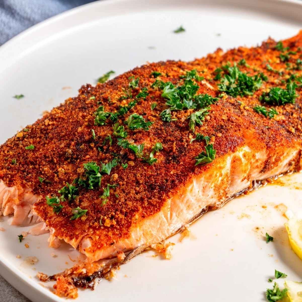 Oven Baked Cajun Salmon with a golden spice crust on a parchment-lined baking sheet