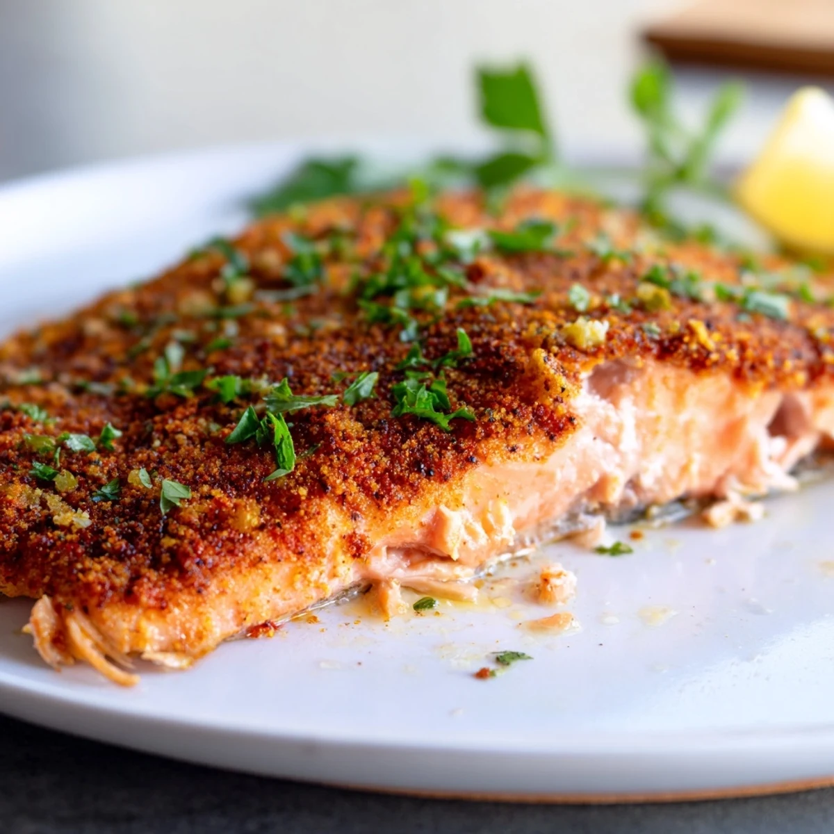 Perfectly flaked Oven Baked Cajun Salmon garnished with fresh parsley and bright lemon wedges