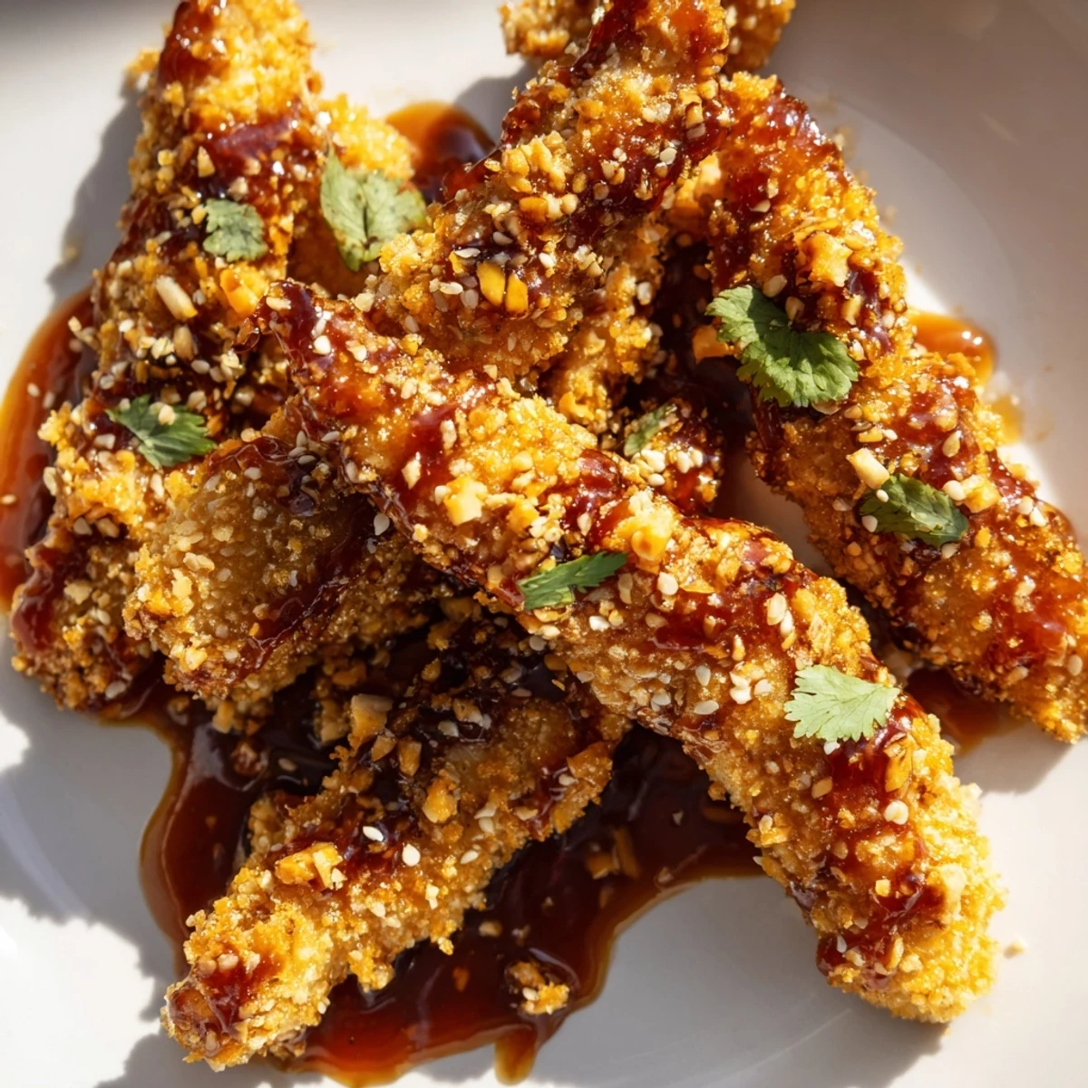 Crispy Thai Sticky Chicken Fingers glistening with sweet chili glaze and sesame seeds on a rustic platter