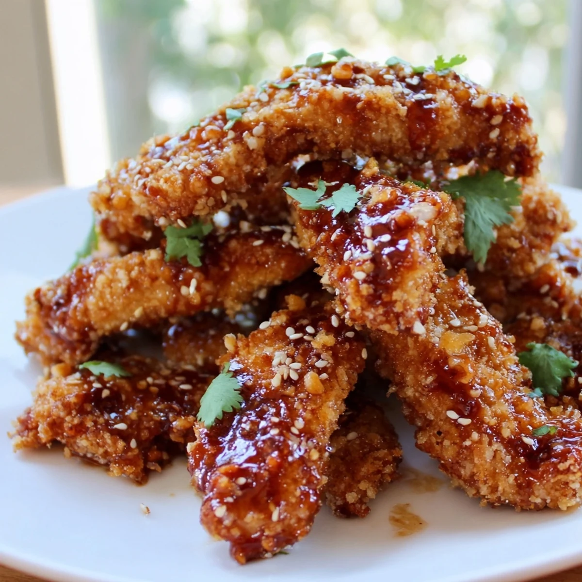 Golden Thai Sticky Chicken Fingers coated in a glossy spicy honey sauce with fresh cilantro garnish