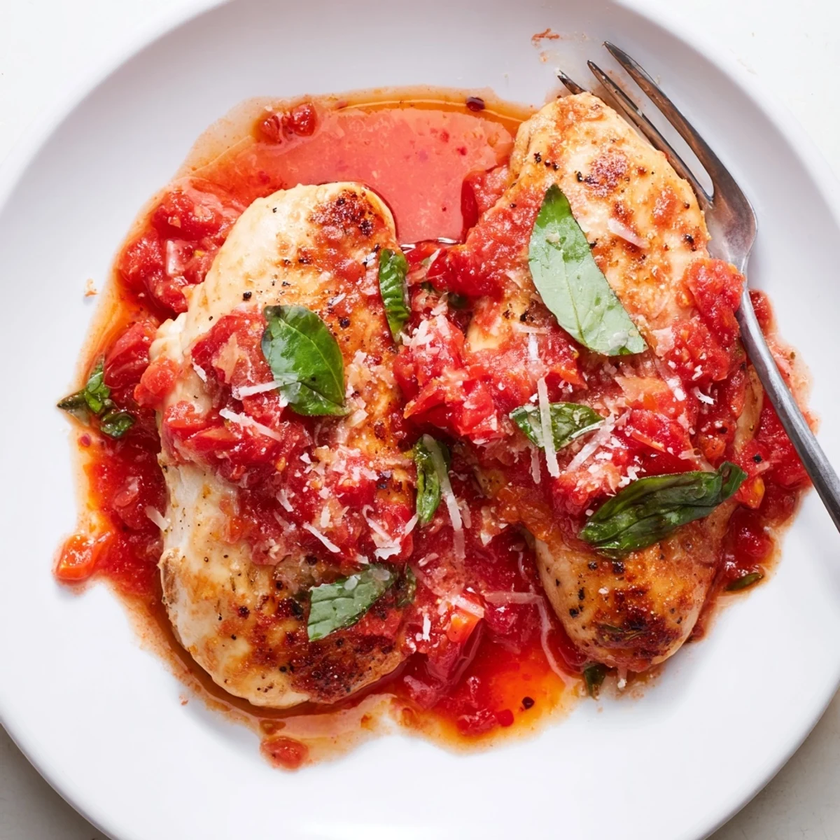 Golden seared chicken pomodoro delight simmered in rich, fragrant tomato basil sauce
