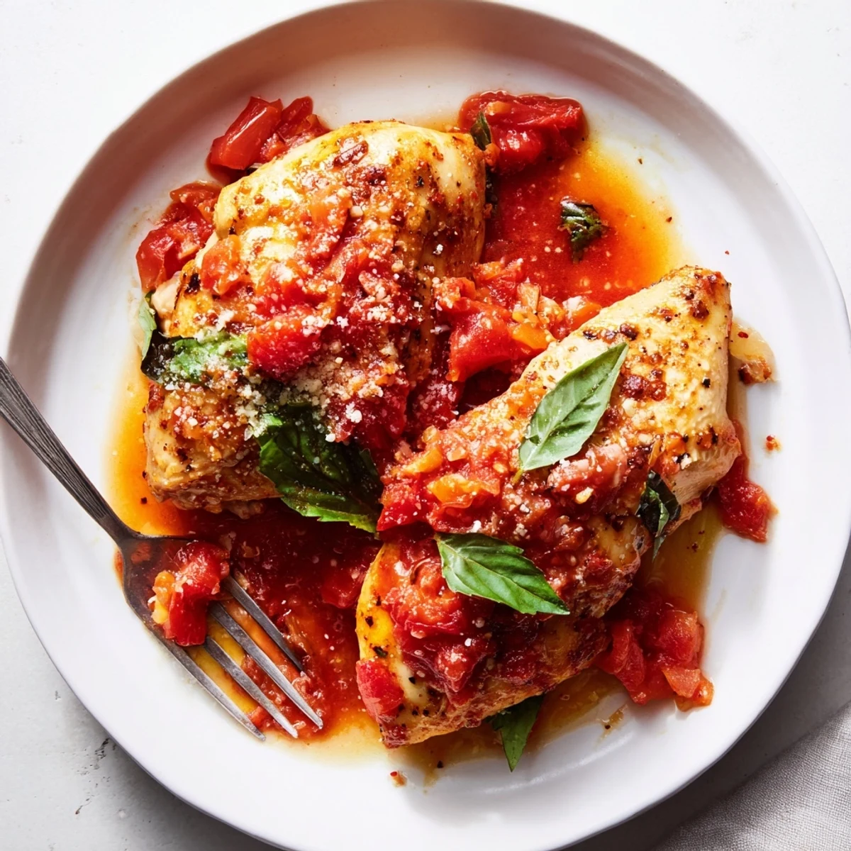 Tender chicken pomodoro delight topped with melted Parmesan and fresh torn basil