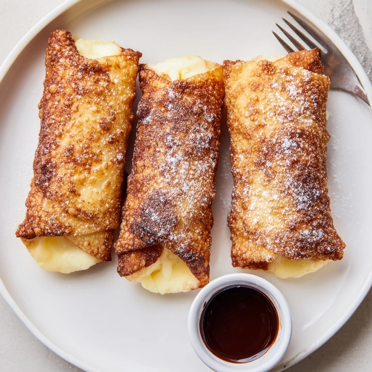 Crispy golden cheesecake egg rolls dusted with powdered sugar on a rustic plate