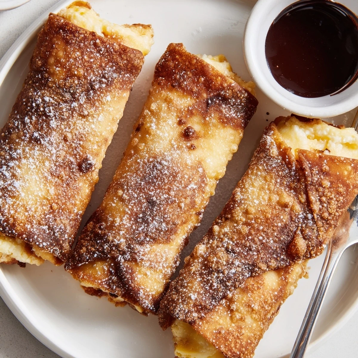 Creamy cheesecake egg rolls arranged with chocolate dipping sauce in white ramekins