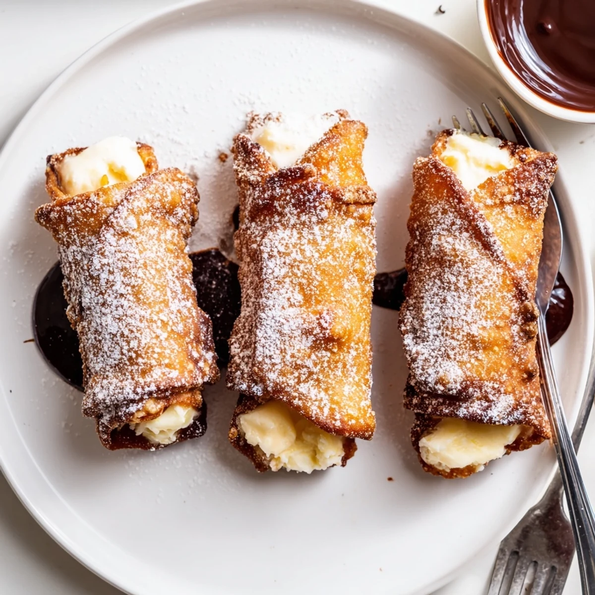 Freshly fried cheesecake egg rolls served warm alongside bright strawberry drizzle and berries