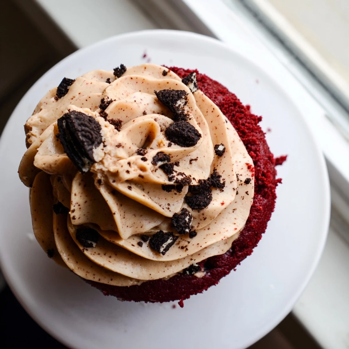Rich red velvet Oreo cupcakes topped with creamy cookie-flecked frosting on a rustic plate