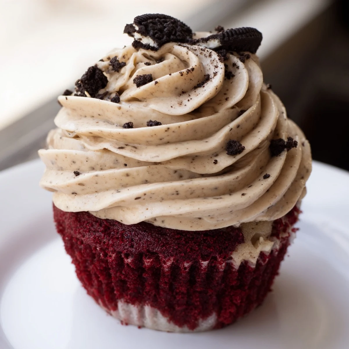 Decadent red velvet Oreo cupcakes piled high with fluffy frosting and garnished with cookie pieces