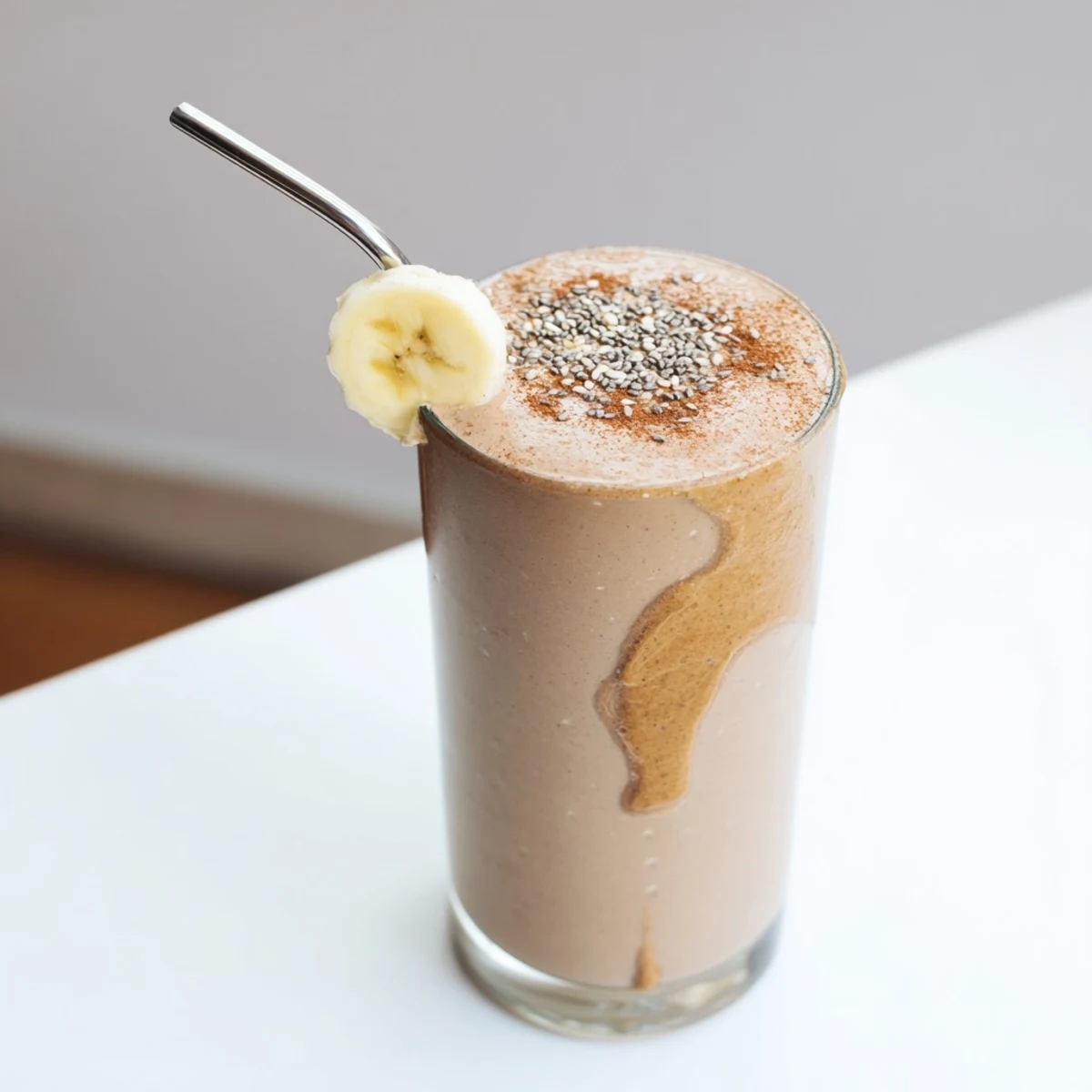 Creamy banana protein coffee smoothie topped with cinnamon in a tall glass