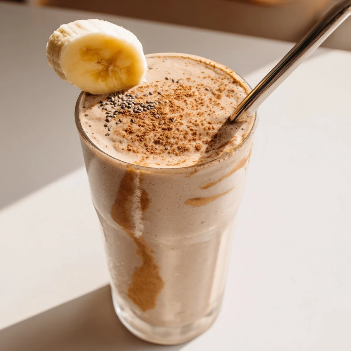 Chilled banana protein coffee smoothie blended smooth and served fresh in a mason jar