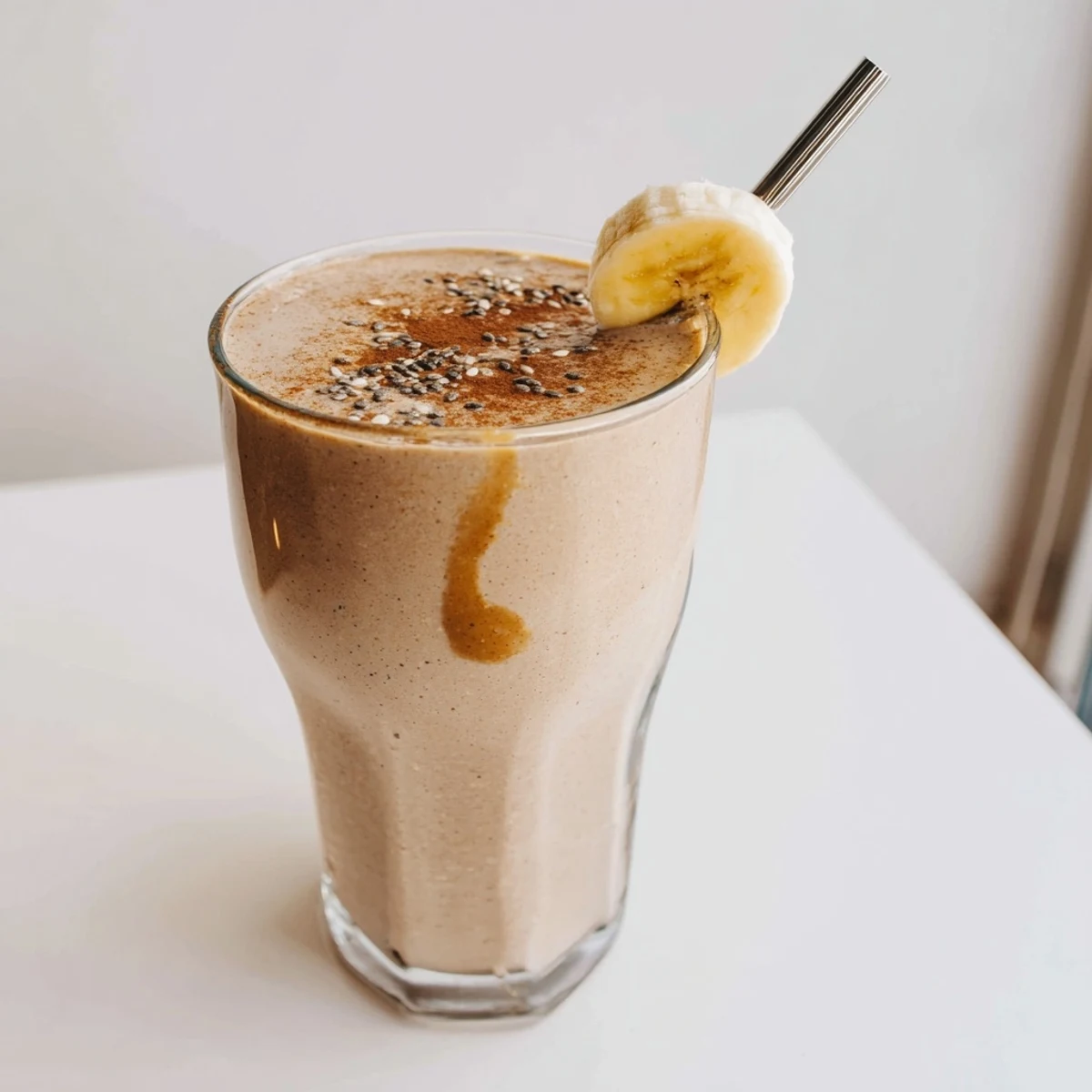 Thick frothy banana protein coffee smoothie poured over ice for morning energy