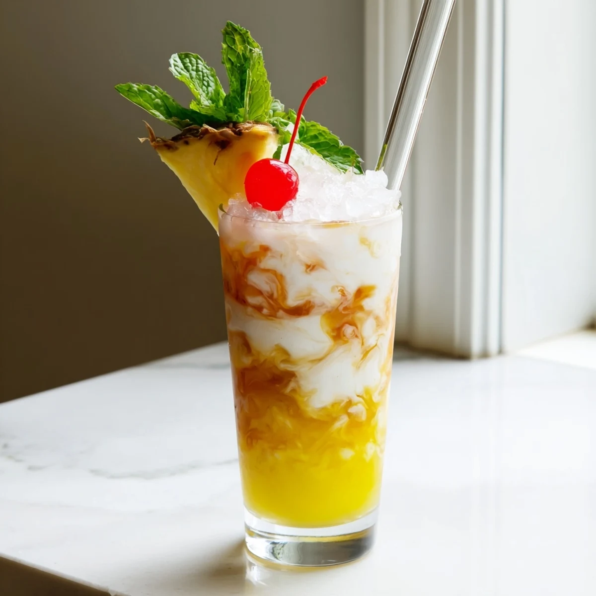Tropical Thunder Dirty Soda swirling with creamy coconut and bright mango syrup over crushed ice