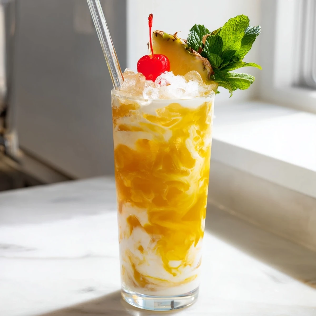Creamy coconut layer cascading through fizzy pineapple soda in a Tropical Thunder Dirty Soda