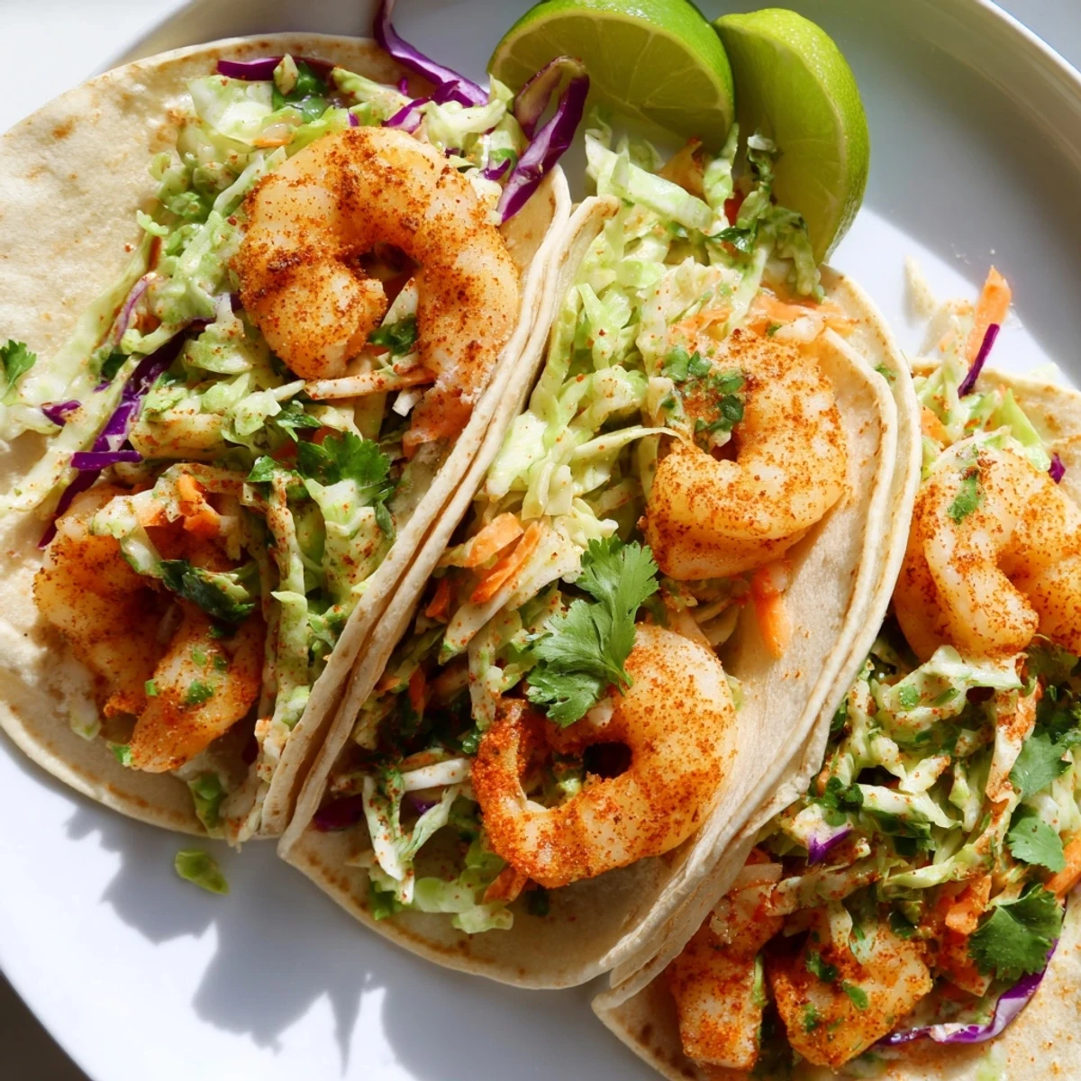 Spicy shrimp tacos loaded with crisp garlic cilantro lime slaw on warm tortillas