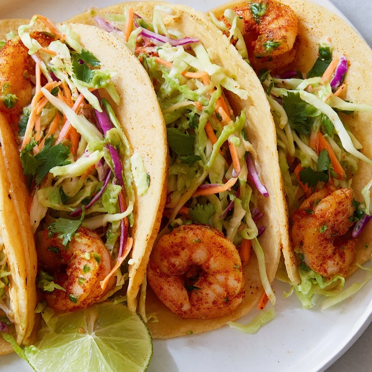  vibrant plate of spicy shrimp tacos crowned with zesty cilantro lime slaw