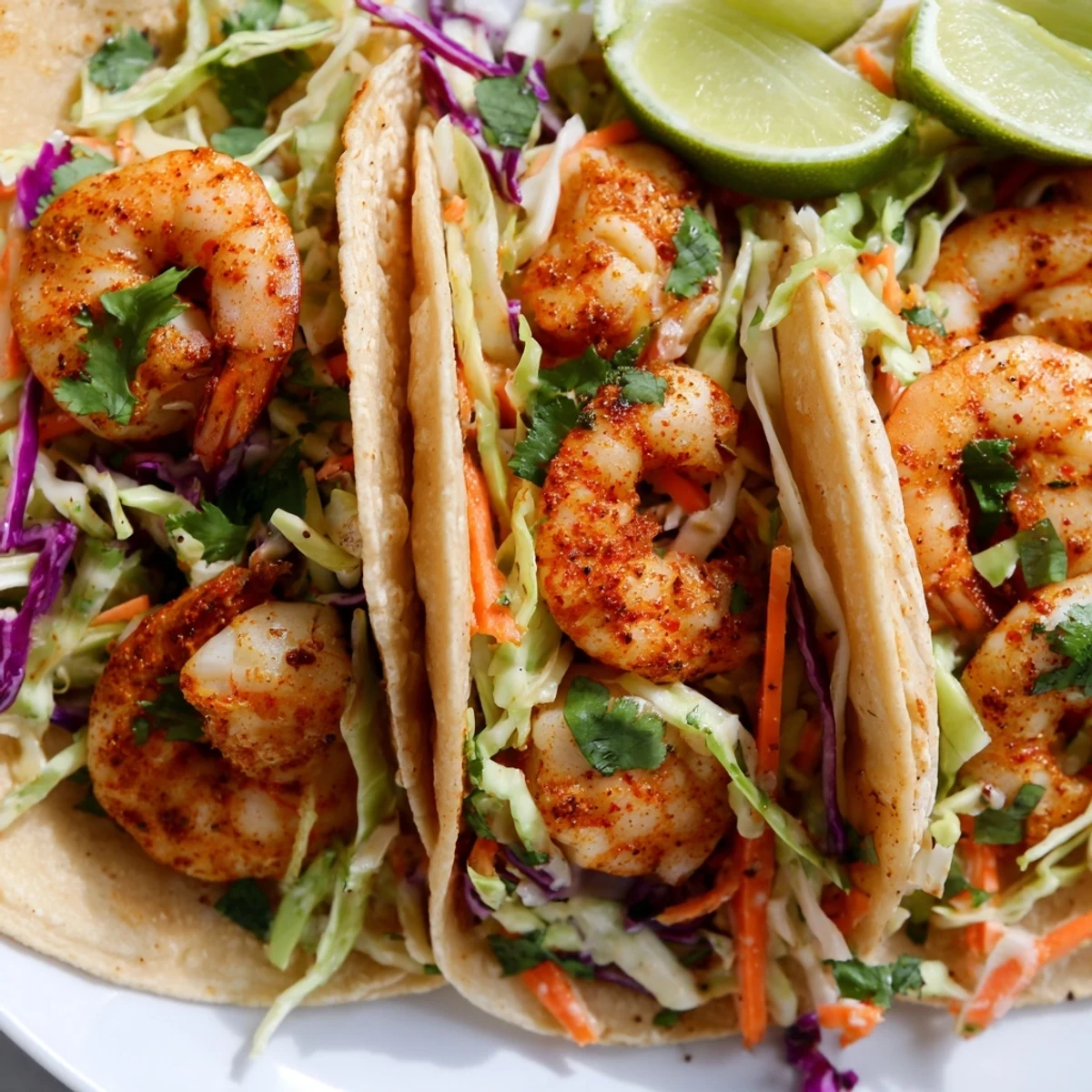 Golden pan-seared shrimp nestled in soft tortillas with tangy purple cabbage slaw