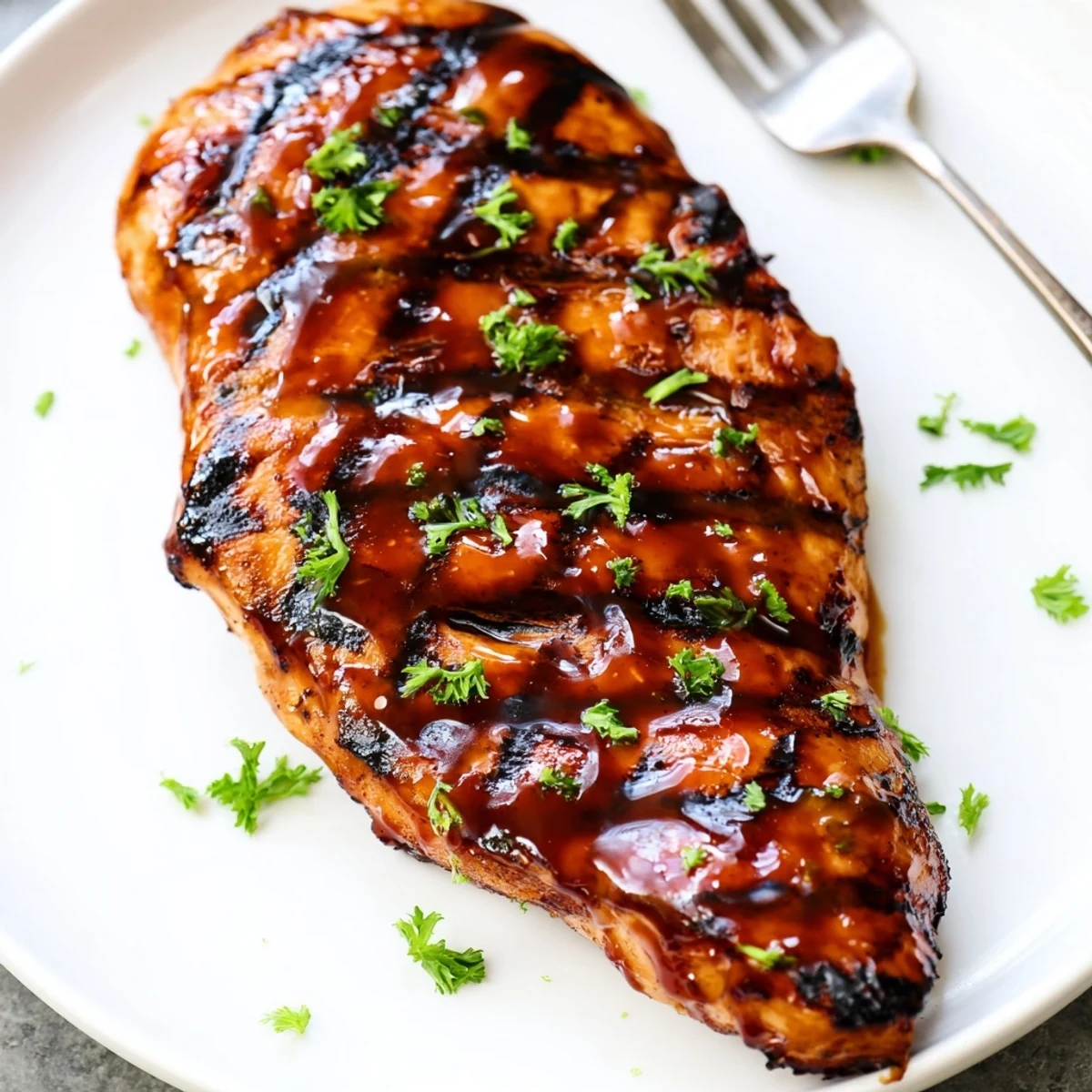 Grilled Coca Cola glazed chicken breast with sticky caramelized grill marks on a rustic plate