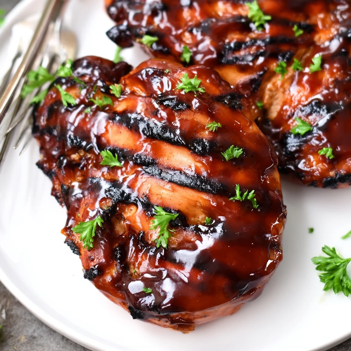 Juicy grilled Coca Cola glazed chicken breast sliced open revealing tender meat with fresh parsley