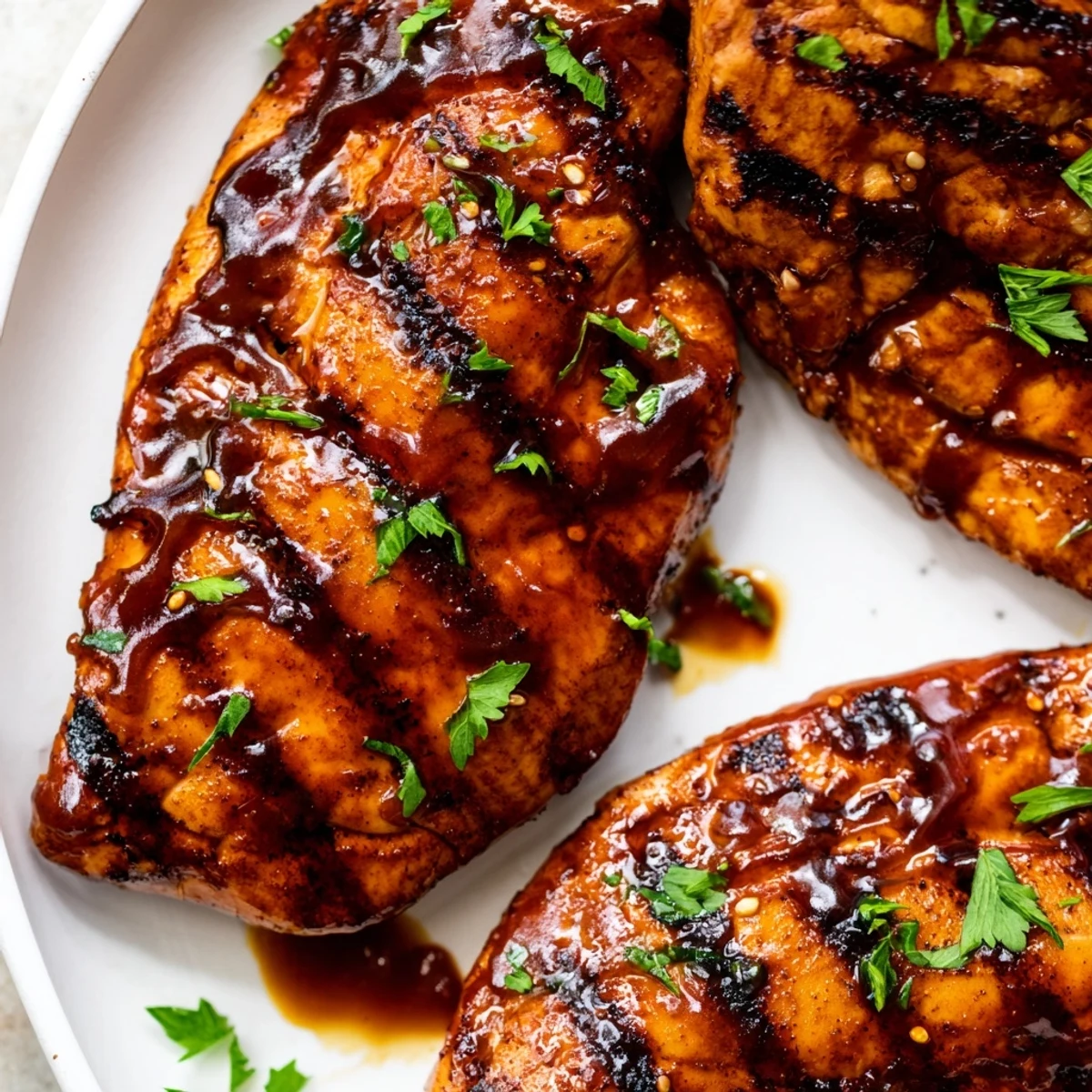Charred grilled Coca Cola glazed chicken breast glistening with sweet tangy glaze beside summer vegetables
