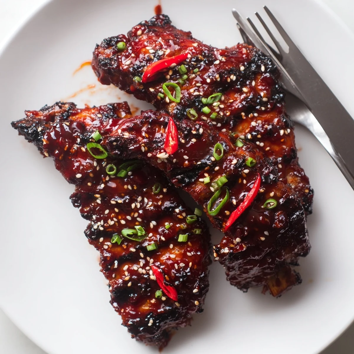 Caramelized Korean BBQ lamb ribs glistening with sticky glaze and bright yuzu drizzle