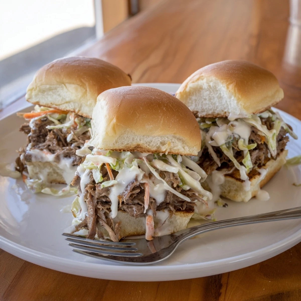 Tangy Alabama white sauce pulled lamb sliders piled high with crunchy slaw