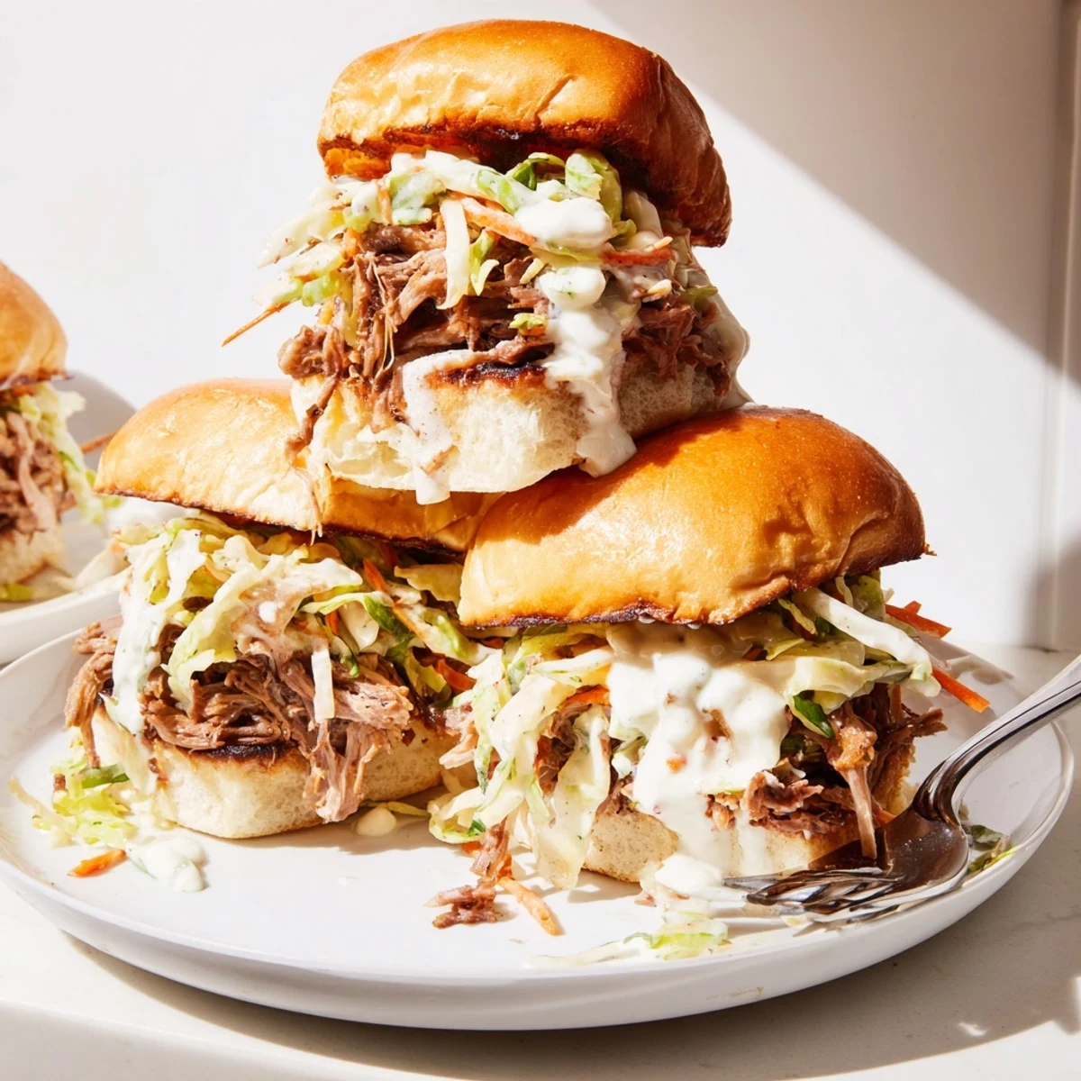 Juicy pulled lamb sliders dripping with creamy Alabama white sauce on toasted buns