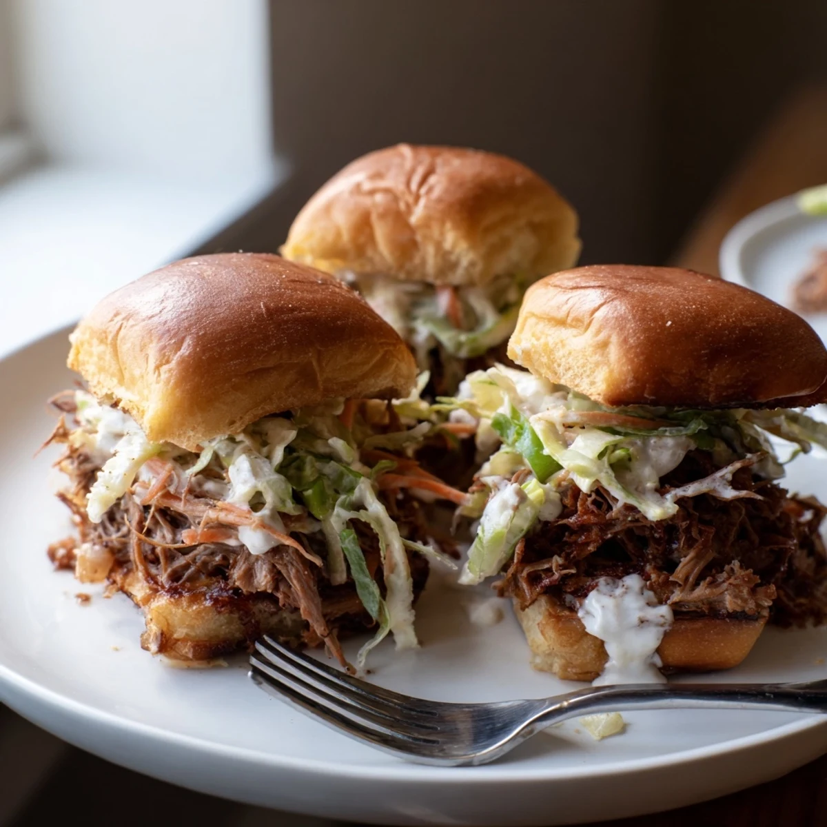 Crisp slaw tops tender Alabama white sauce pulled lamb sliders on soft buns