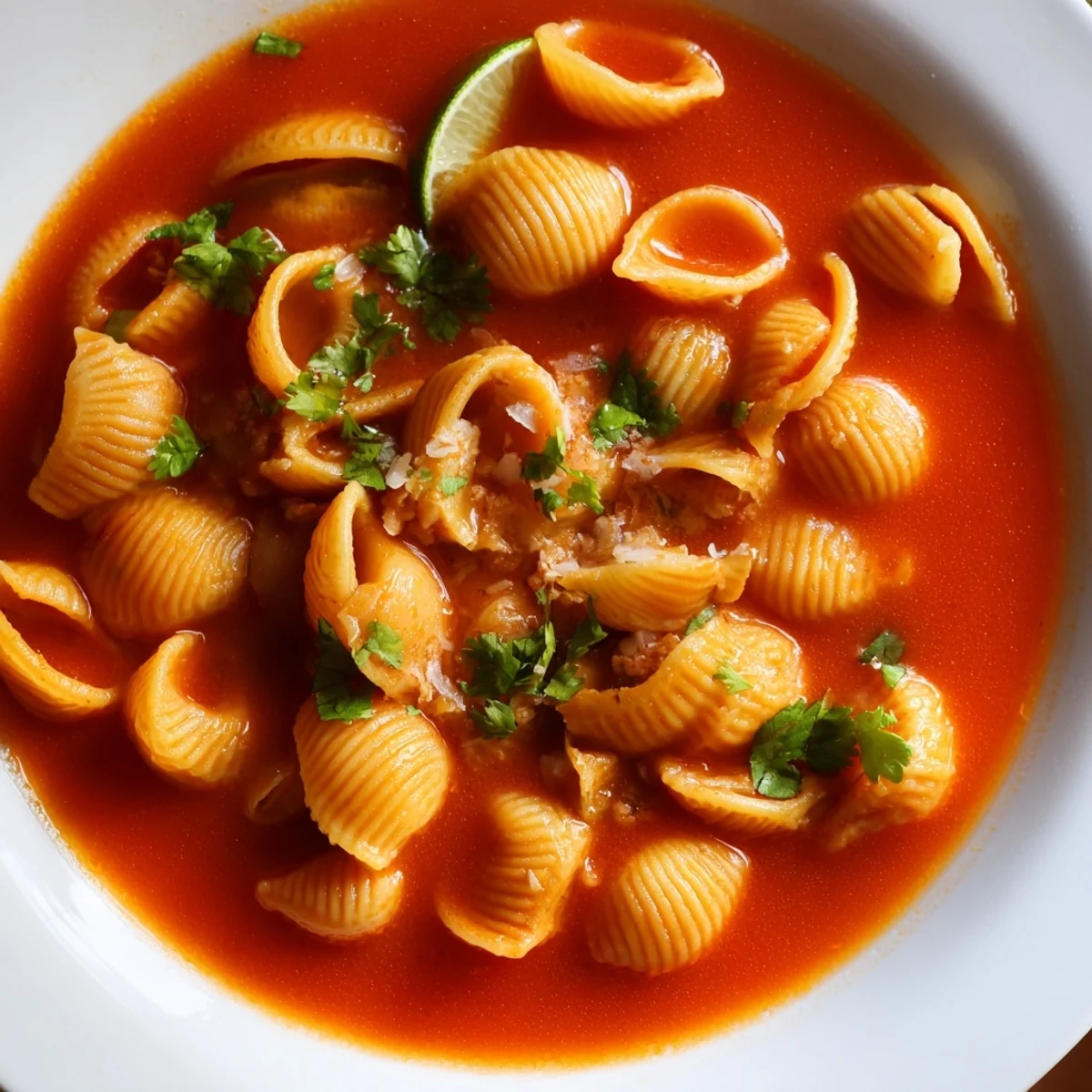 Steaming bowl of sopa de conchas with golden shell pasta in rich tomato broth topped with fresh cilantro