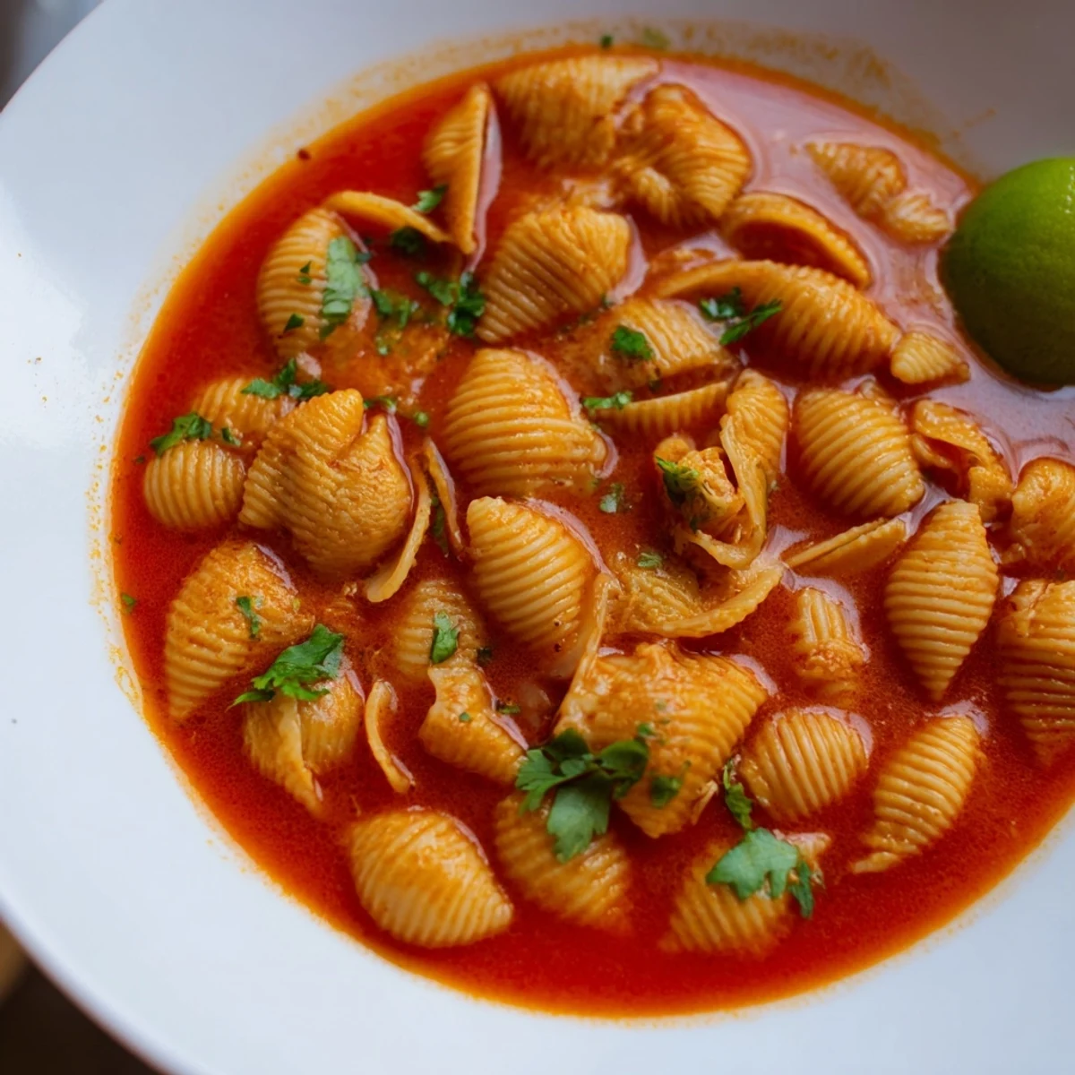 Sopa de conchas served hot with a bright lime wedge alongside crusty bread for dipping comfort