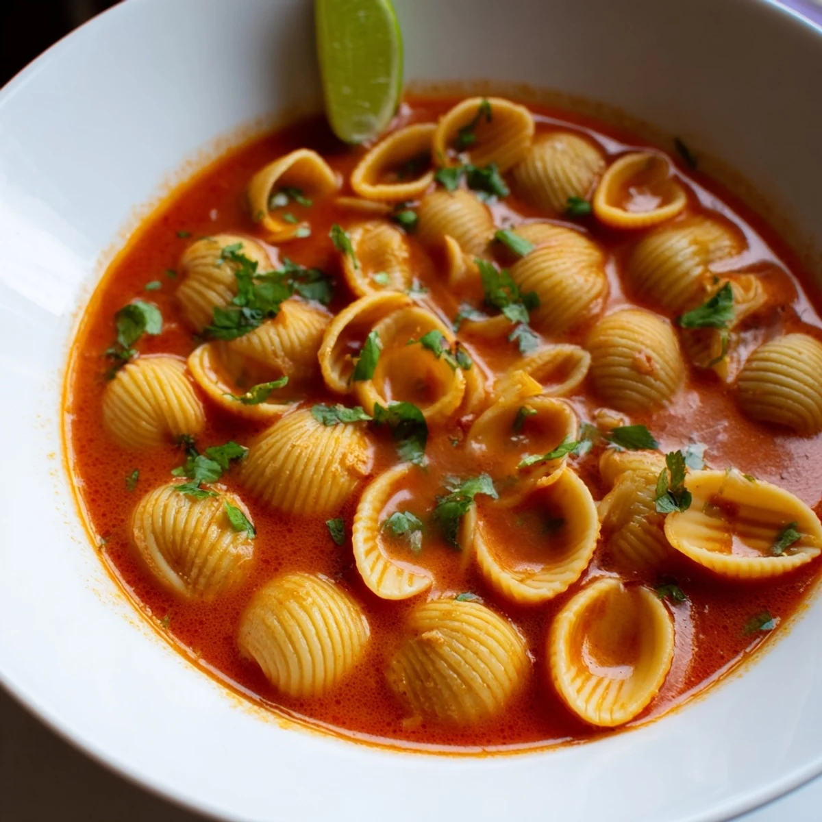 Close-up of sopa de conchas showing tender toasted shells simmered in vibrant red spiced tomato broth