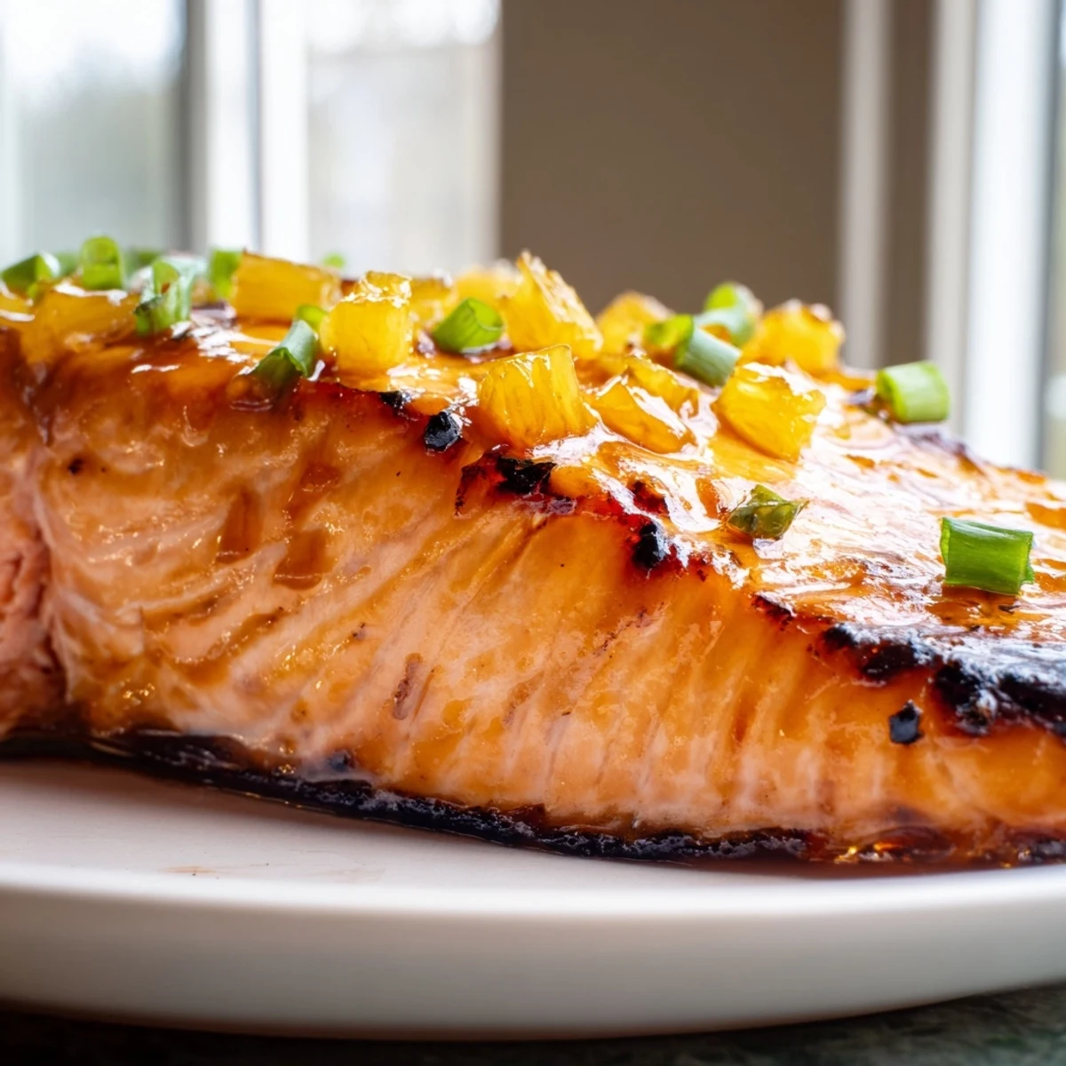 Golden honey pineapple glazed salmon fillet glistening with sticky, caramelized sauce on a baking sheet