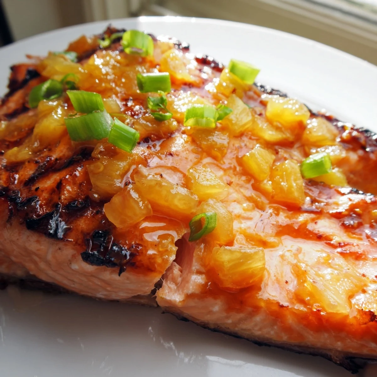 Tender honey pineapple glazed salmon topped with fresh diced pineapple and bright green cilantro