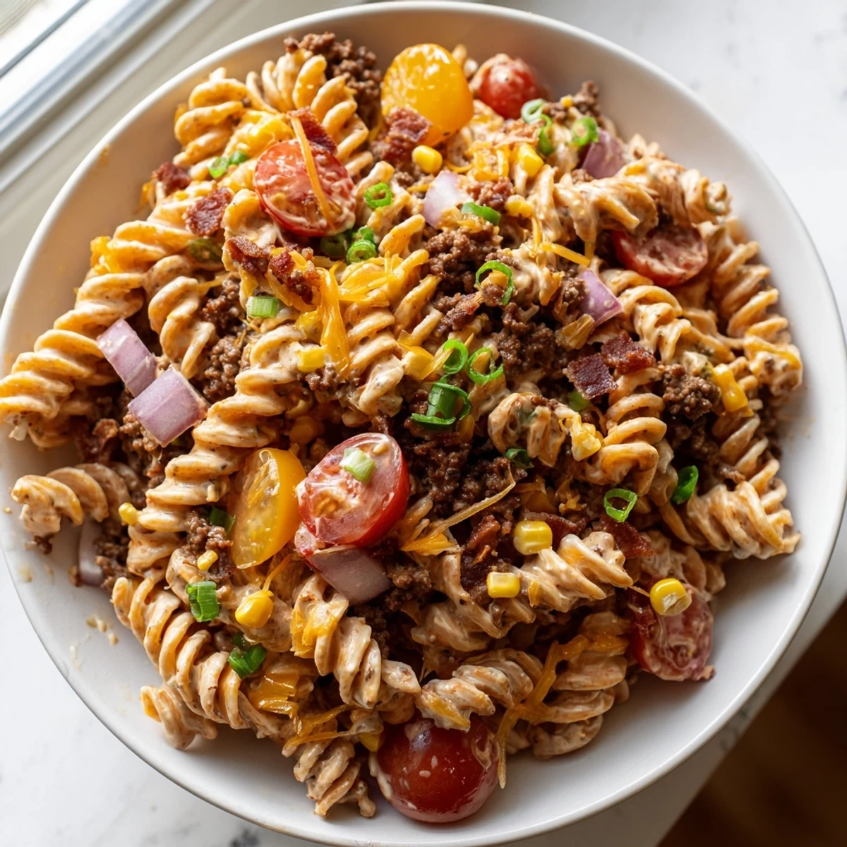 A vibrant cowboy pasta salad loaded with ground beef, crispy bacon, and cheddar cheese.