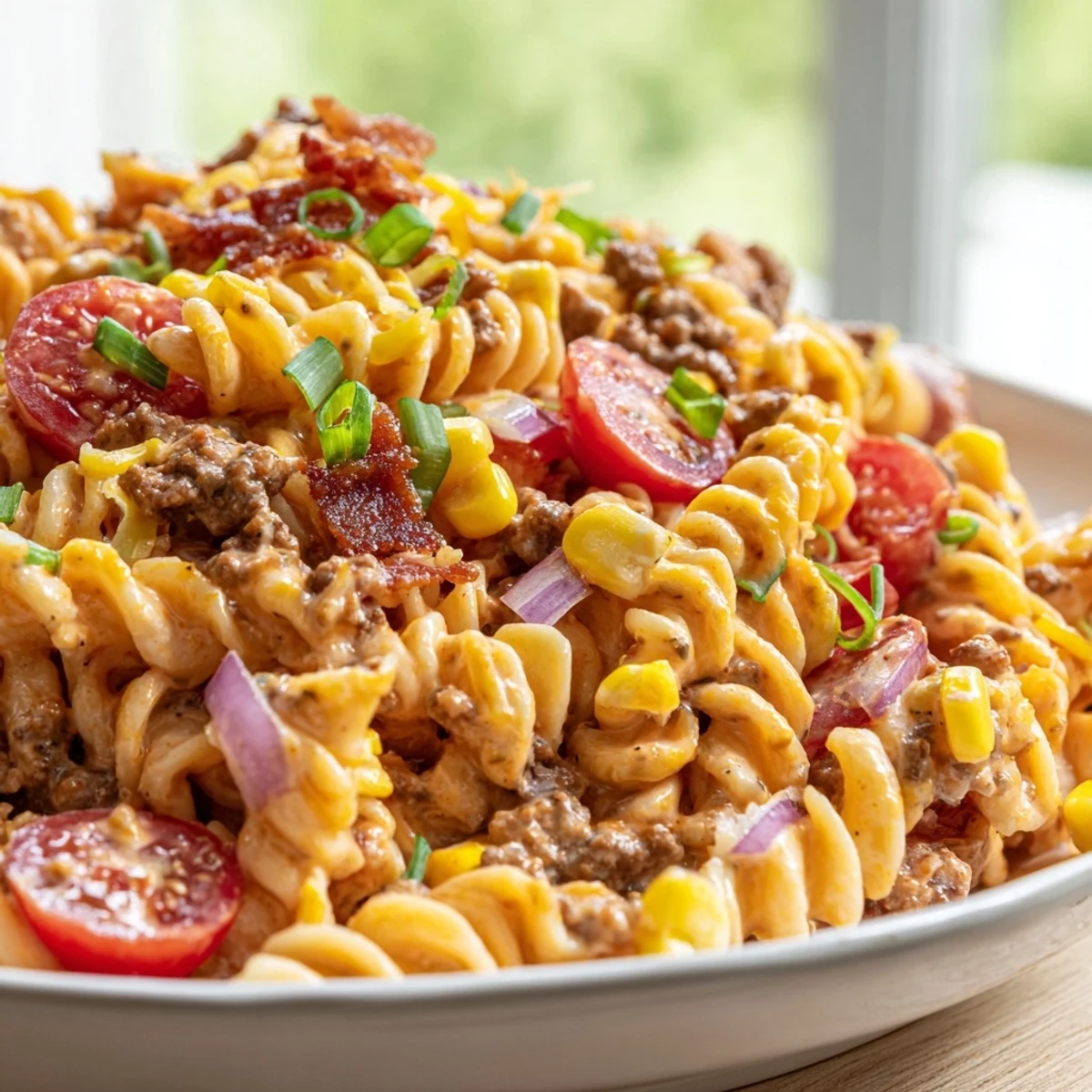 Creamy BBQ ranch coats this colorful cowboy pasta salad dotted with sweet corn and tomatoes.