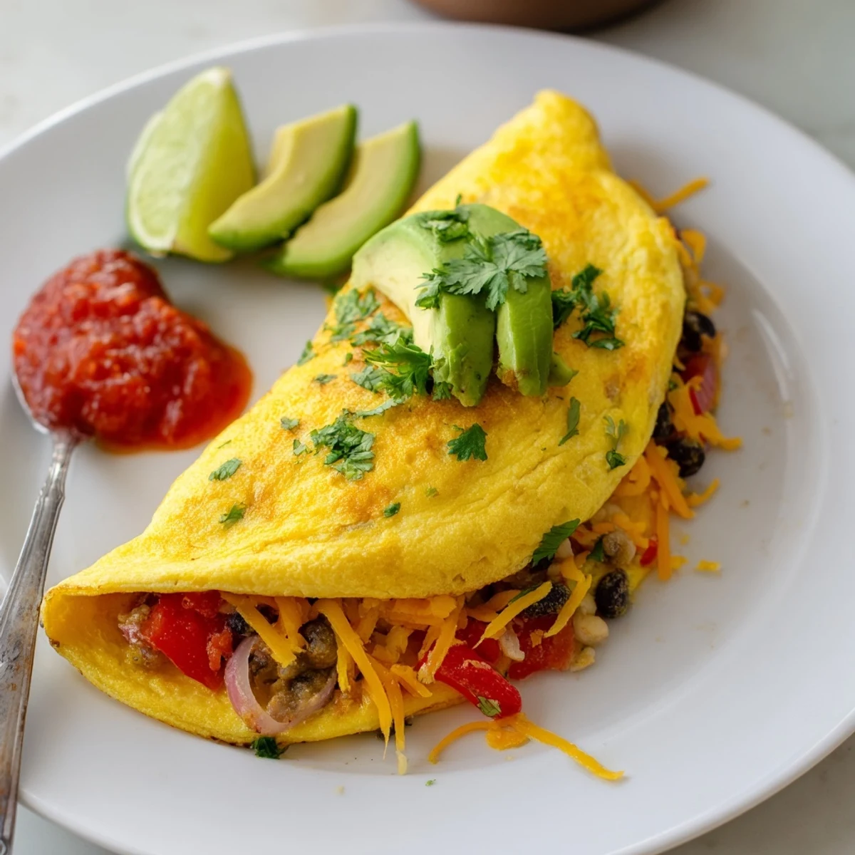 Golden Mexican omelette folded over melted cheese, beans, and colorful sautéed vegetables on a white plate